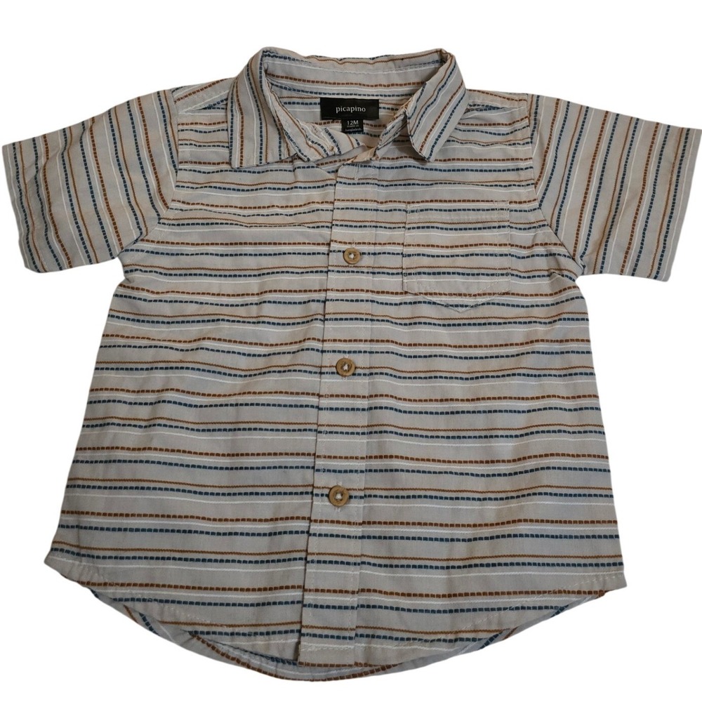 Picapino Baby Boy Striped Short Sleeve Button Down Shirt Gray Blue Brown 12M